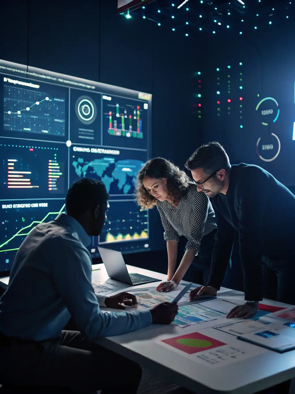 A professional team of digital marketers collaborating in a modern office, brainstorming ideas and analyzing data on large screens, reflecting D.I.B Logistics LLC's collaborative and data-driven approach.