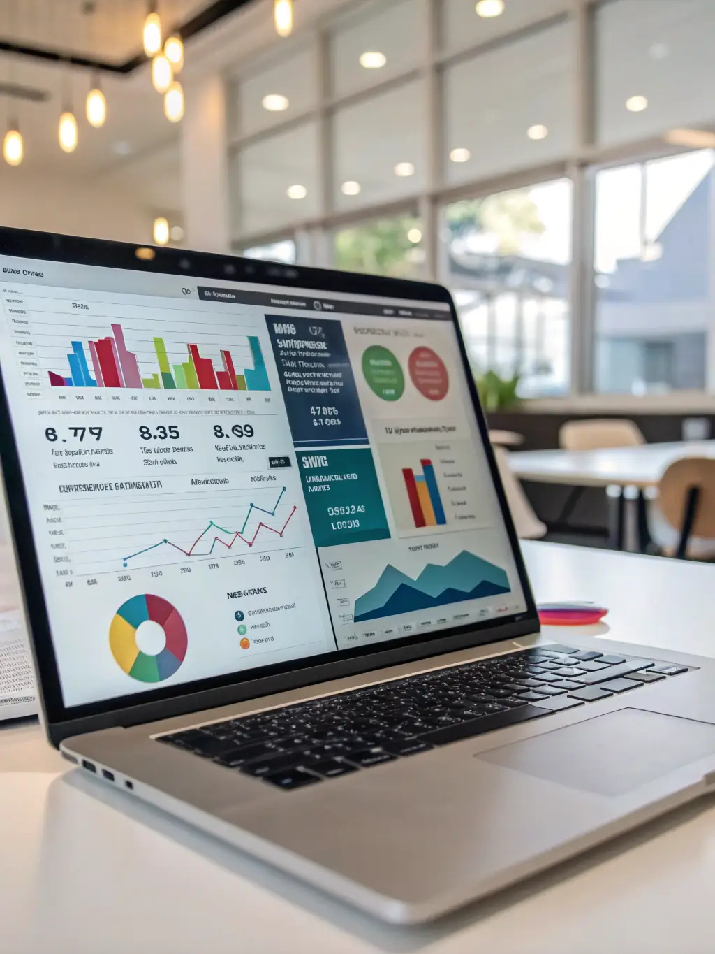 A visually appealing graphic showing a comprehensive digital marketing dashboard with various metrics and analytics, representing a holistic approach to digital marketing.