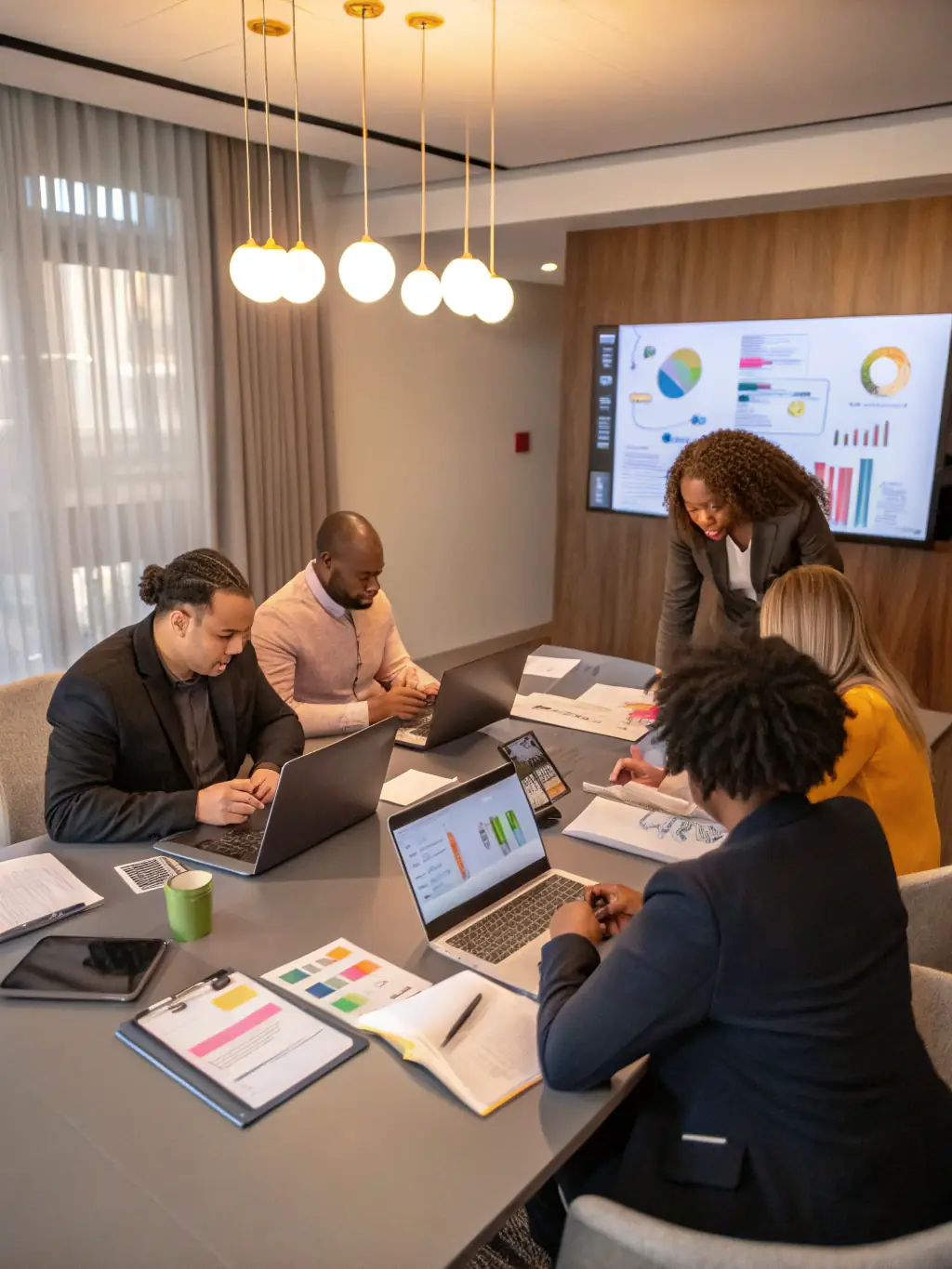 A professional photograph of a team of digital marketing experts collaborating on SEO strategies in a modern office setting, showcasing their expertise and dedication.