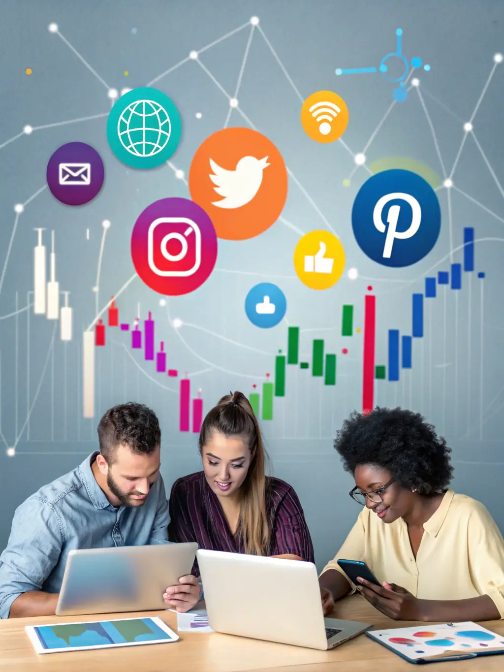 A diverse group of professionals working on laptops and tablets, showcasing D.I.B Logistics LLC's expertise in various digital marketing fields.