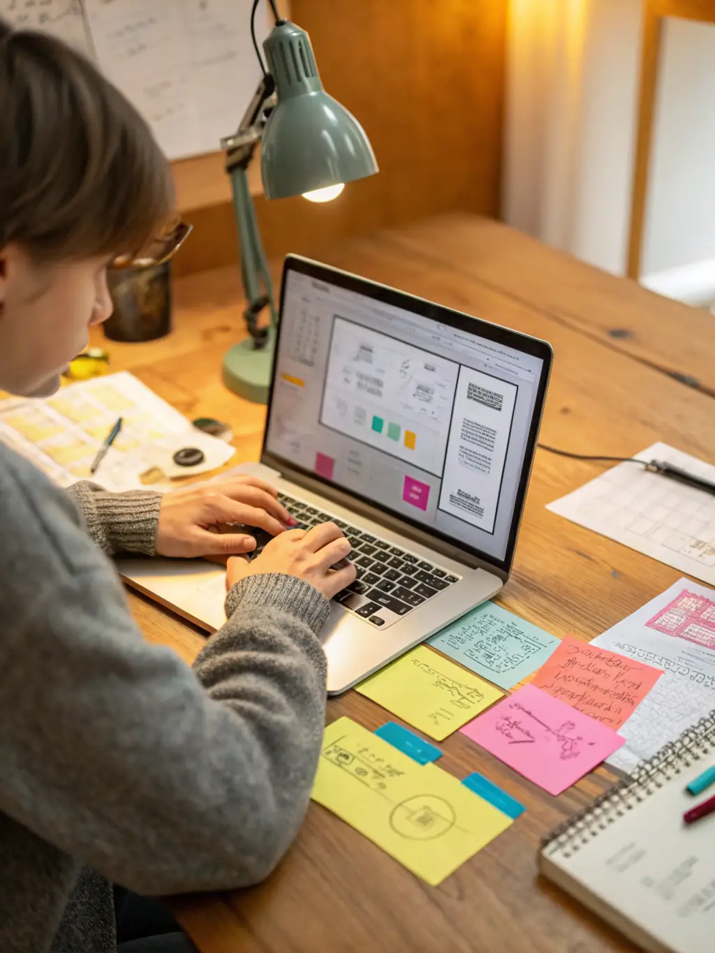An image depicting a person writing engaging content on a laptop, surrounded by creative elements like pens, notebooks, and design software.
