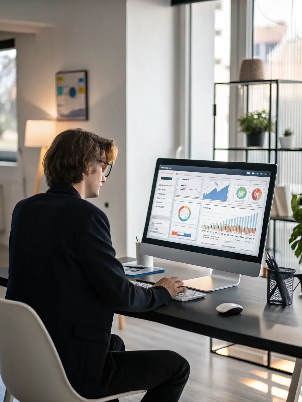 A professional SEO specialist optimizing a website's structure and content on a laptop, with keyword research tools and analytics dashboards visible in the background.
