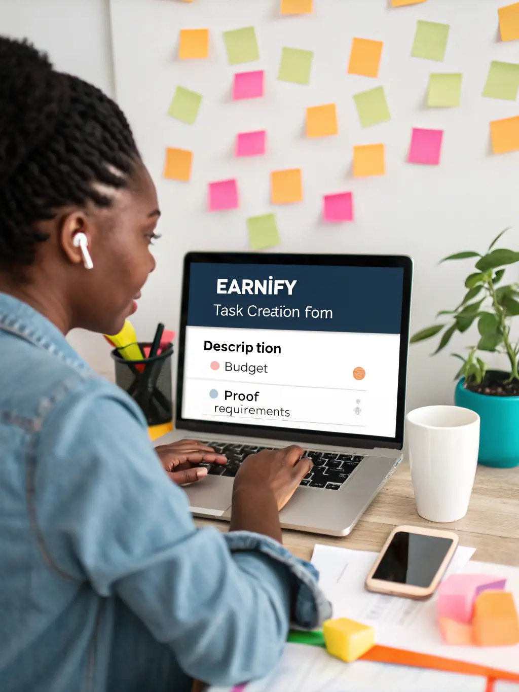 A creative content writer crafting compelling blog posts and articles on a desktop, with SEO keywords and audience engagement metrics displayed on the screen.
